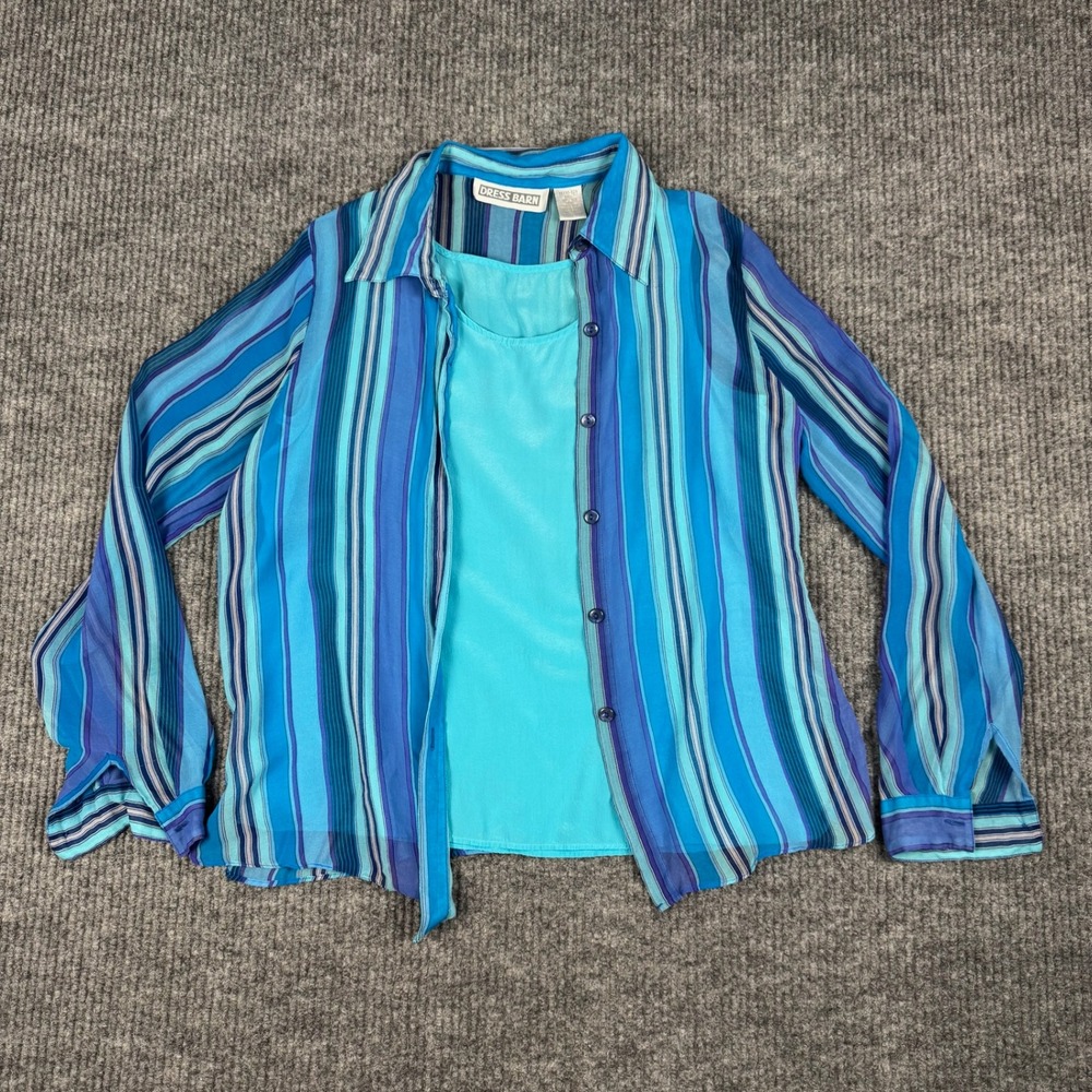 Dress Barn Blouse Womens M Blue Striped Sheer Button Up Tank Top 2 Piece Y2K